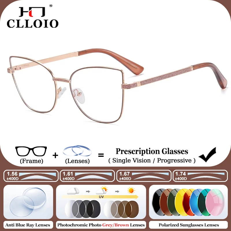 

CLLOIO Fashion Butterfly Large Frame Anti Blue Light Prescription Glasses Women Cat Eye Myopia Progressive Computer Eyeglasses