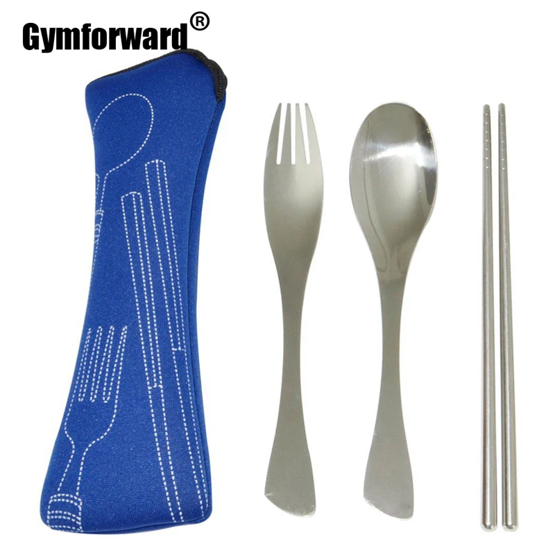 3 pcs/set New Stainless Steel Fork Spoon Chopsticks Cutlery Reusable Outdoor Camping Portable Bag Picnic Tableware Dinnerware