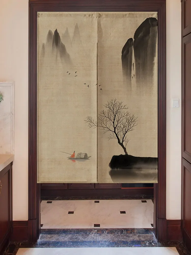 Chinese Style Mountain Ink Painting Door Curtain Fabric Customization