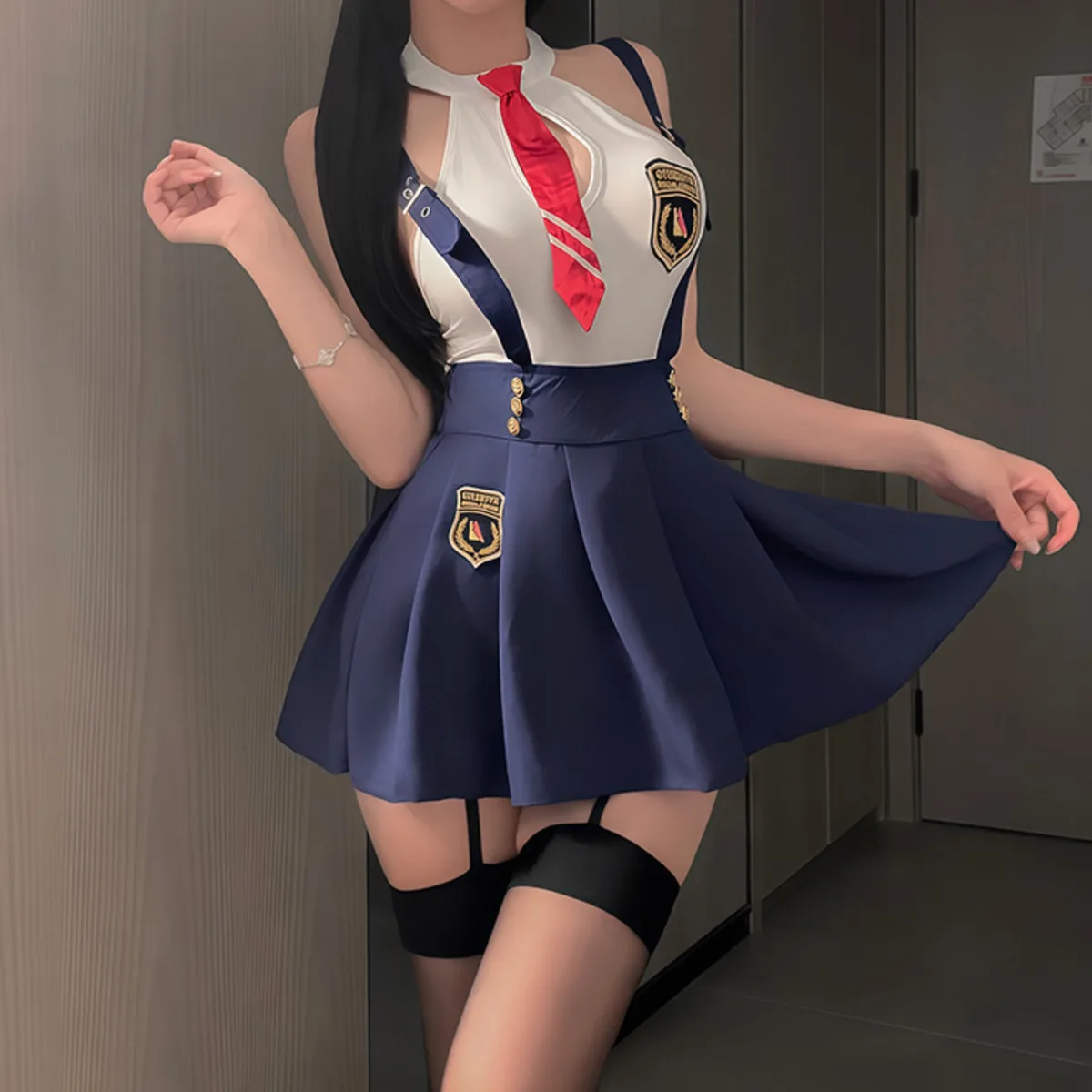 Ensemble jupe d'étudiant Sexy, cravate au cou suspendue, court, dos nu, bretelles en V profond, sans manches, pour femmes élégantes, EMYH