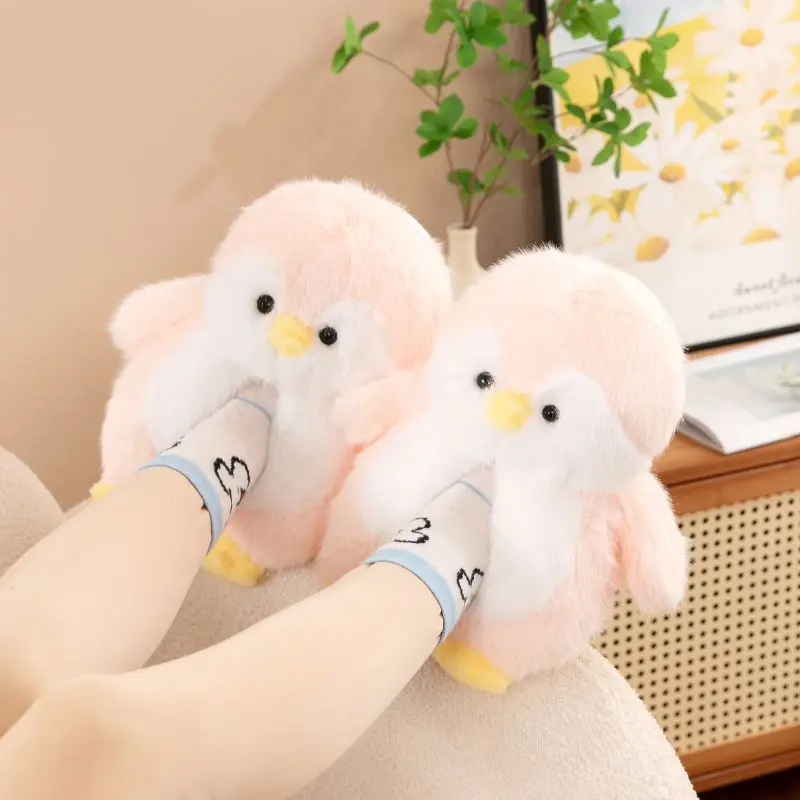 Lovely cartoon penguin slippers woman home keep warm shoes winter womens animal fur slides fluffy indoor slipper lady room scuff
