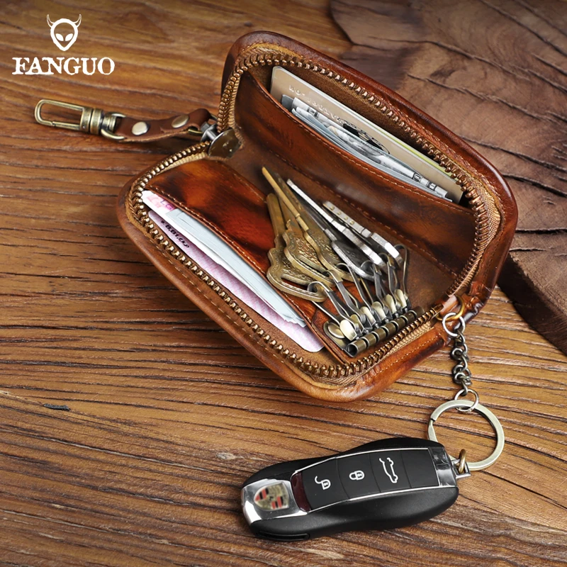 

Vintage Genuine Leather Key Wallet Handmade Cowhide Smart Key Bag Credit Card Slot ID Card Case Housekeeper Key Organizer