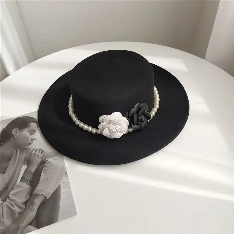 Large Brim Women Fedora Hat Classic Flat Top Design Winter Cap British Rose Flower Woolen Hat for Ladies Jazz Hat