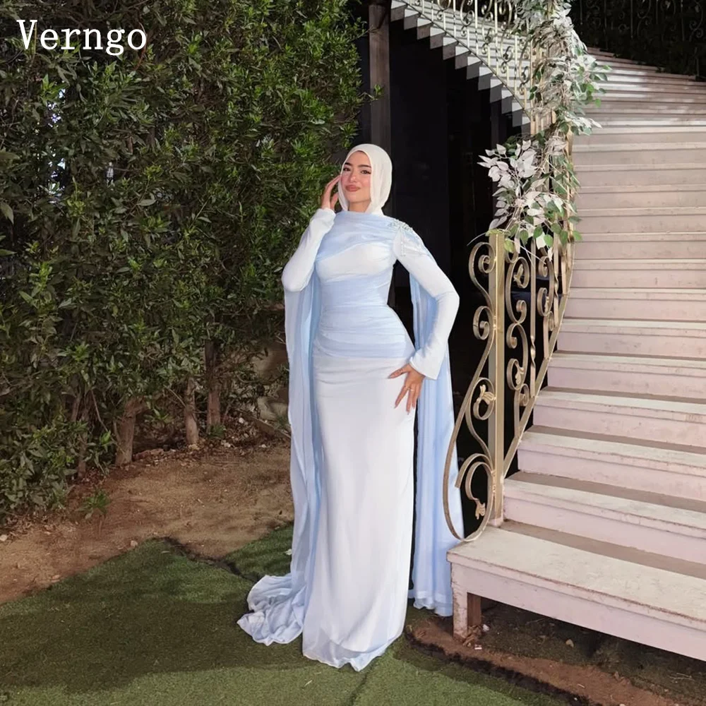 

Verngo Blue Chiffon Evening Dress O Neck Full Sleeves Mermaid Formal Occasion Dresses Elegant Prom Party Gowns Customized