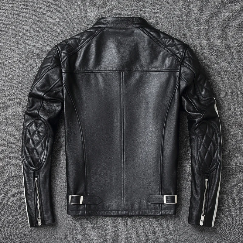 

New 2022 fashion Men Leather Jacket 100% Genuine Cowhide Coat White Stripes Cool Biker Slim Short Autumn Leather Clothing.