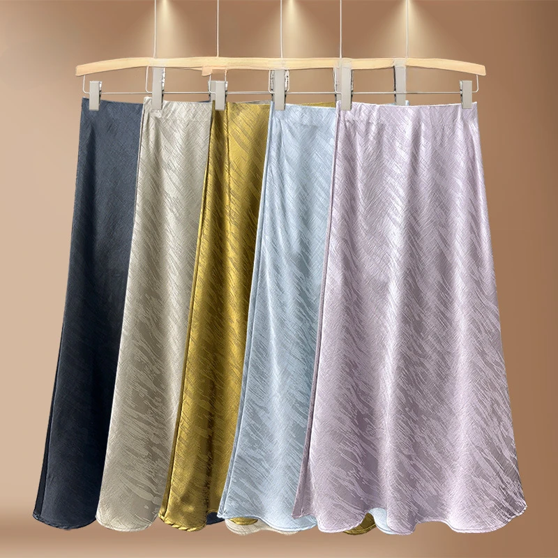 New Textured Satin High Waist Slim Fit Skirts 2026 Spring Summer French Style Elegant  A-line Long Skirt