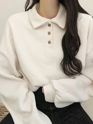 Preppy Style T-Shirt Women Autumn Winter Polo Callor Tshirt Lady Korean Fashion Long Sleeve Pullovers Tops Casual Soft Plush Top