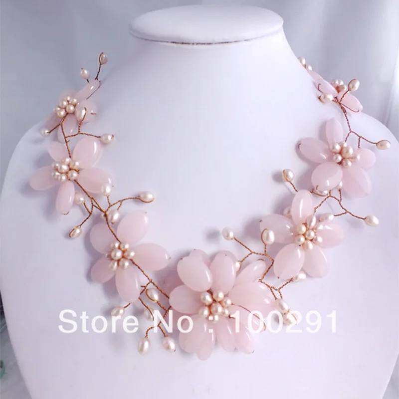 beautiful pink Natural stone wrap flower necklace by hand 20