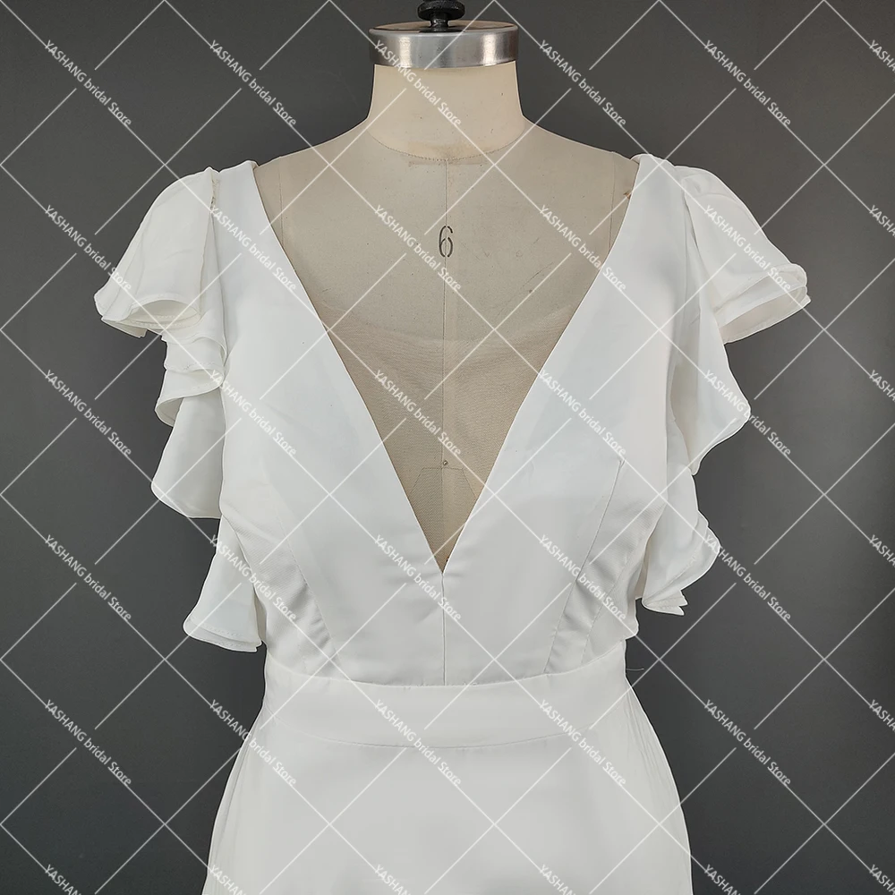 Robe de Mariée à Manches Courtes Évasées, Col en V, sur Mesure, Gaine Simple, Crêpe Doux, Dos aux, Colonne Ajustée, pour Patients