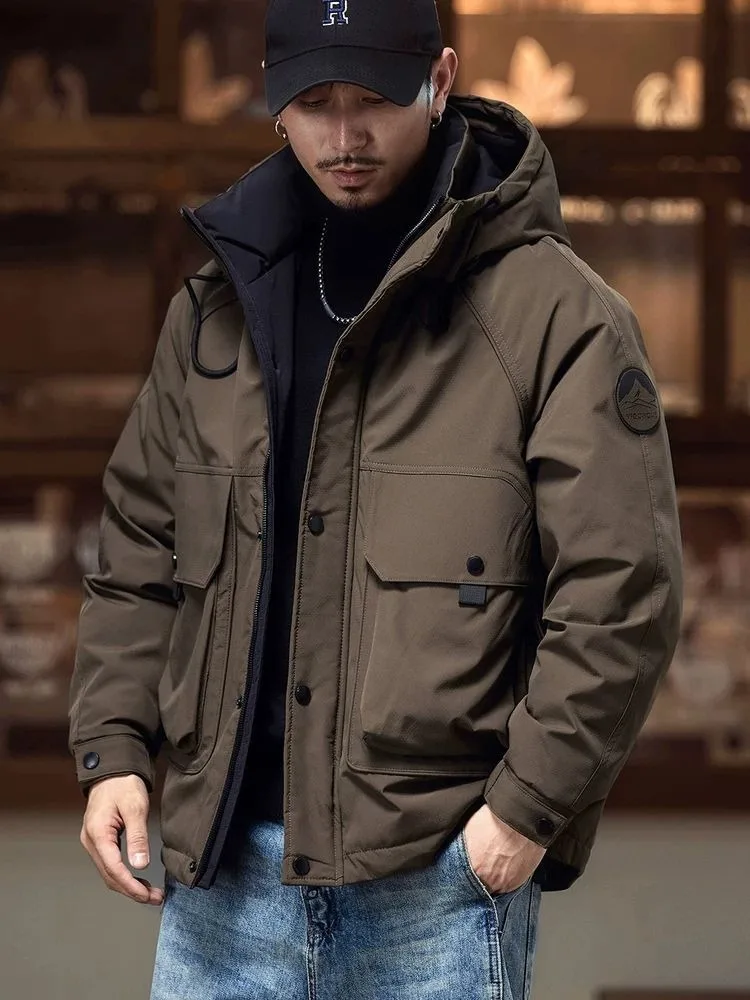Jaket Pria Ukuran Besar Model Vintage Cargo, Jaket Tebal Hangat Musim Dingin, Jaket Bulu Angsa Tebal Berkerudung, Tahan Angin, Model Longgar, Mantel Baru