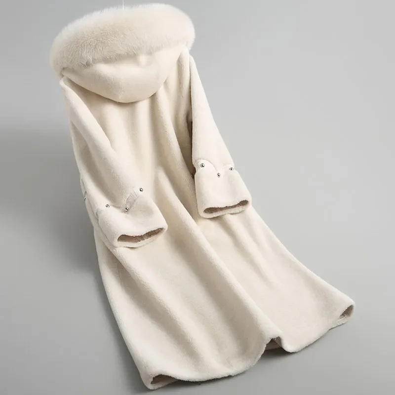 AYUNSUE Women's Fur Coat Real 울 Women 양 시어링 Fur Coat Warm 겨울 Jacket Natural Fox Fur 후드 KQN18113-1