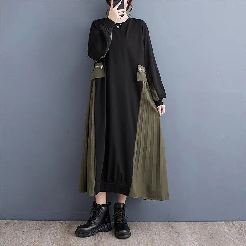 

Autumn Women Dress 2023 Fashion Korean Version Temperament Color Matching Pleated Long Dress Oversized Casual Clothing Z3534