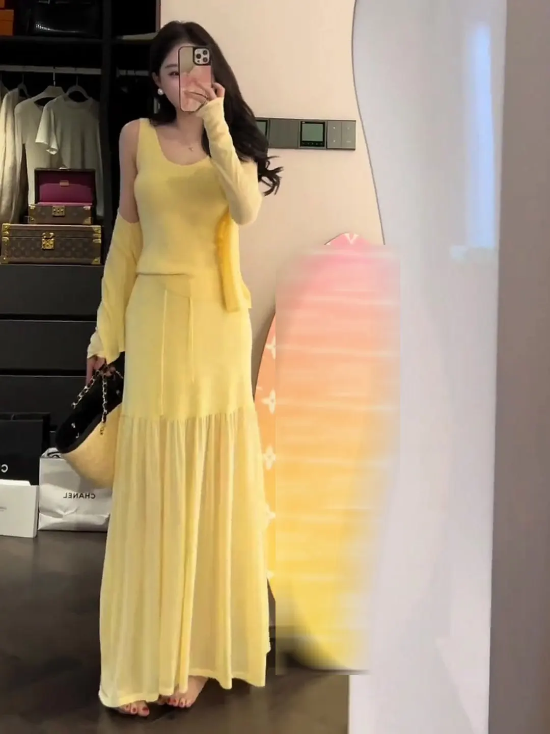 

Summer Fashion Yellow Ice Silk Knitted Cardigan And Halter Skirt Set Women's High Waist Long Dress Three-Piece Suit for Women