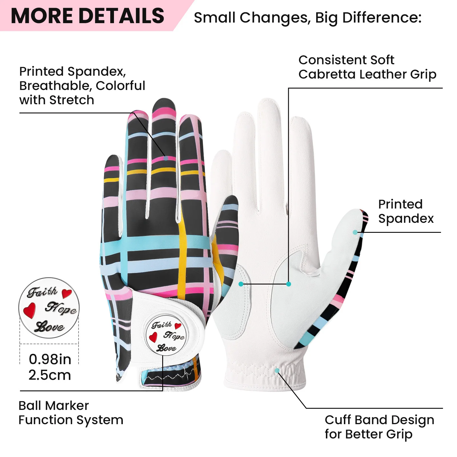 Golf Gloves Women Left Right Hand Leather with Ball Marker 1 Pack,  All Weather Glove for Right Left Handed Golfer