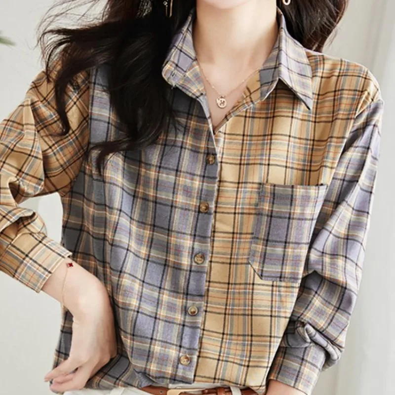 Spring Autumn Women\'s Turn-down Collar Plaid Striped Solid Pocket Button Cardigan Long Sleeve Shirt Coats Fashion Casual Tops