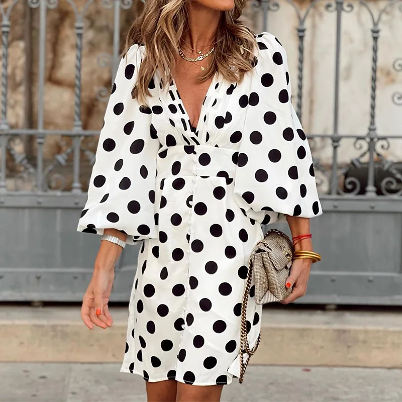 

SKMY 2023 Autumn New White Dresses For Women Casual Vacation Outfits V-Neck Lantern Sleeve Fashion Polka Dot Printed Party Dress