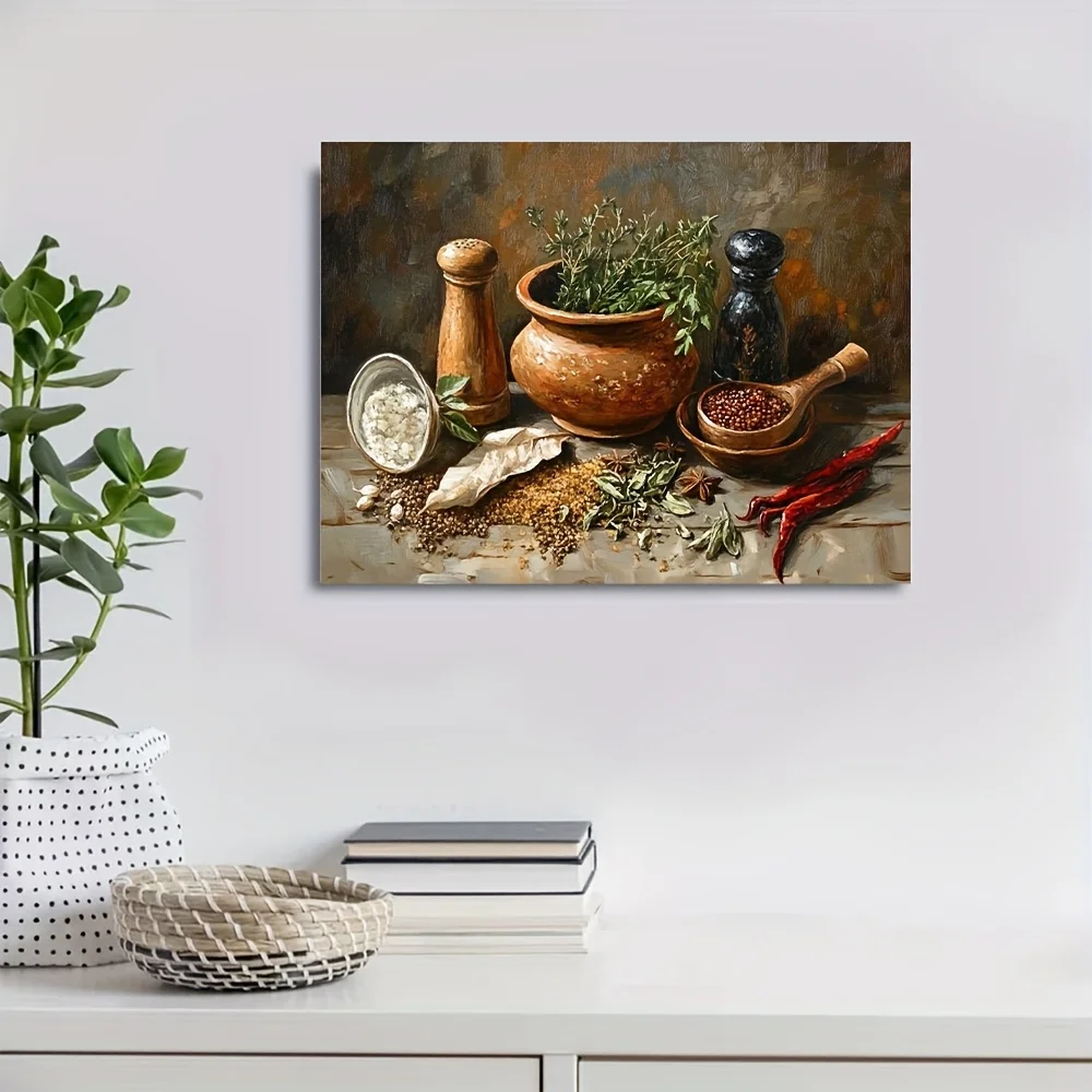 Lienzo rústico de hierbas y especias de cocina: 11,8 x 15,7 pulgadas enmarcado, listo para colgar | Perfecto para decoración de granja y comedor.