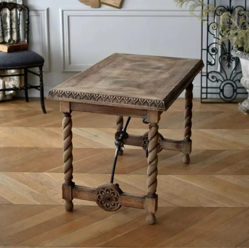 Francês retro coluna romana escultura em madeira maciça longa mesa de jantar europeu casa log convidado mesa de jantar