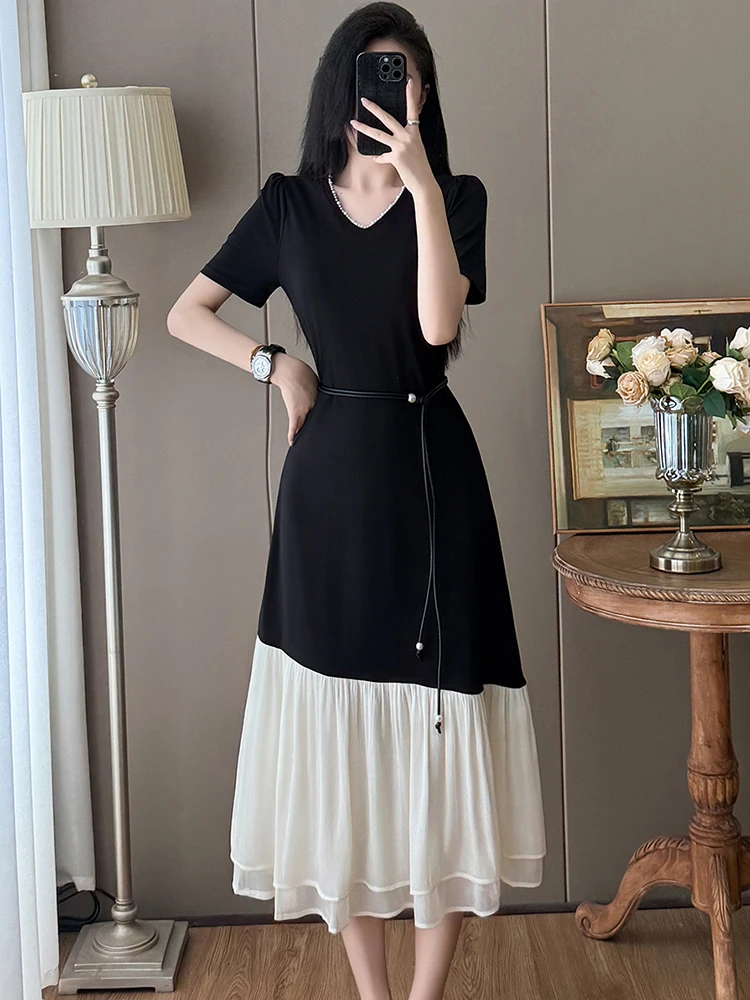 2026 Black Patchwork White Mesh Ruffled Long Dress Women Short Sleeve Beading V-Neck Dress Summer Korean Luxury Party Dress Gown