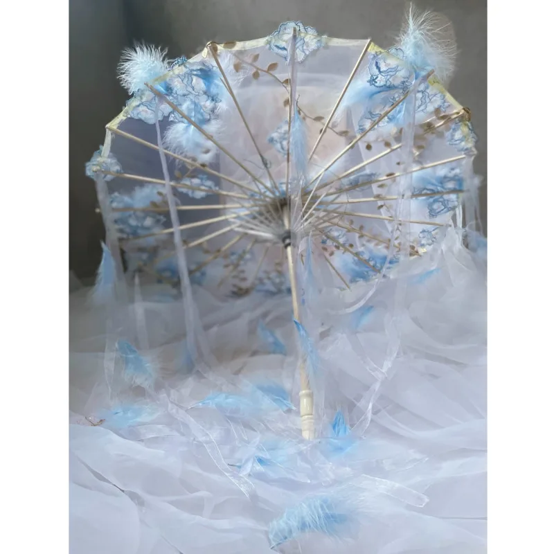 White Blue Lace Wedding Oilpaper Umbrella Umbrella Umbrella Stage Classical Craft Umbrella Cosplay Lolita Photography Props