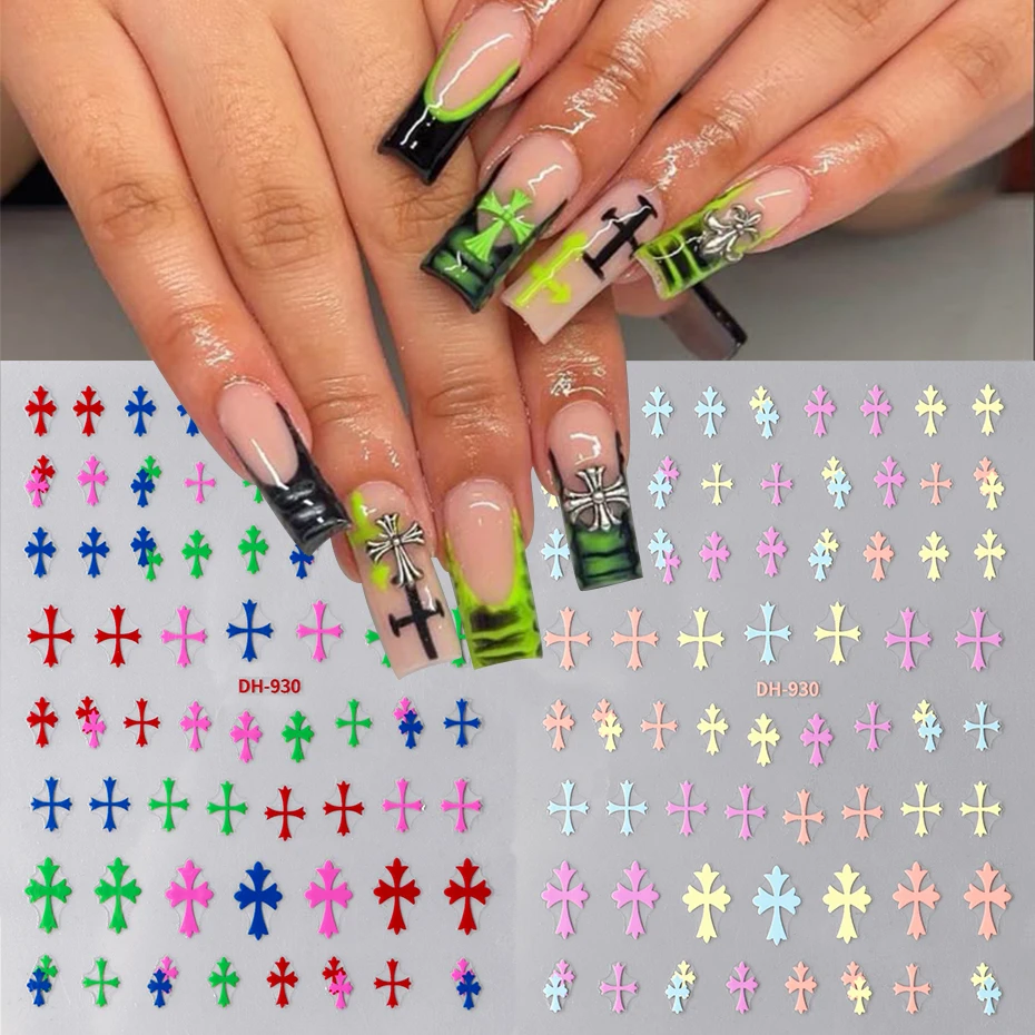 Autocollants 3D à motif de croix coloré pour Nail Art, 2 pièces, décalcomanies de conception de couleurs vives, curseur de manucure, Gel adhésif, décoration pour Nail Art