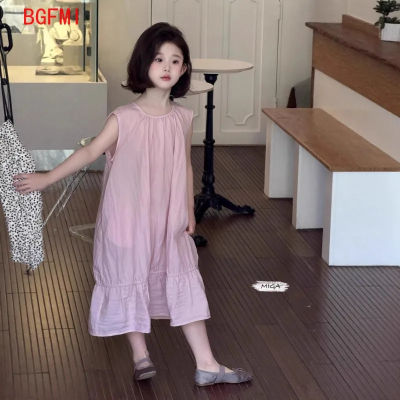 الكورية أزياء الأطفال فتاة حلوة لطيف سترة فستان فضفاض الصيف القطن الوردي أكمام فستان كاجوال فستان حفلة الشاطئ للأطفال