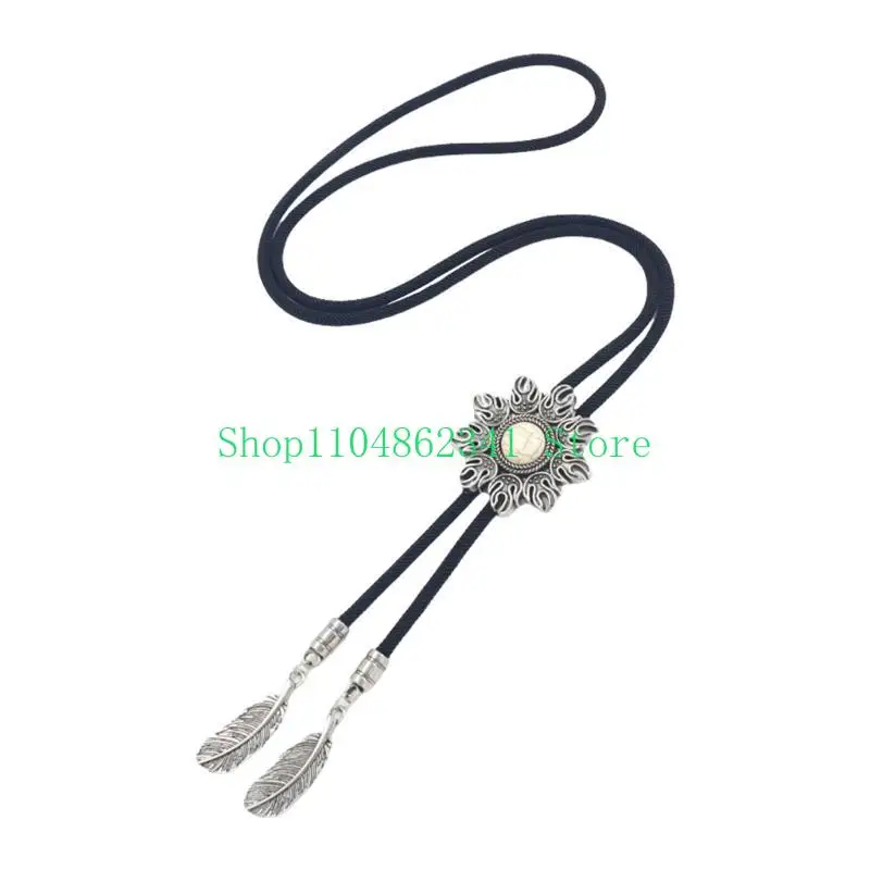 

652F Rodeos Bolo Tie Necklace Braided Necktie with Turquoises Stone for Adults