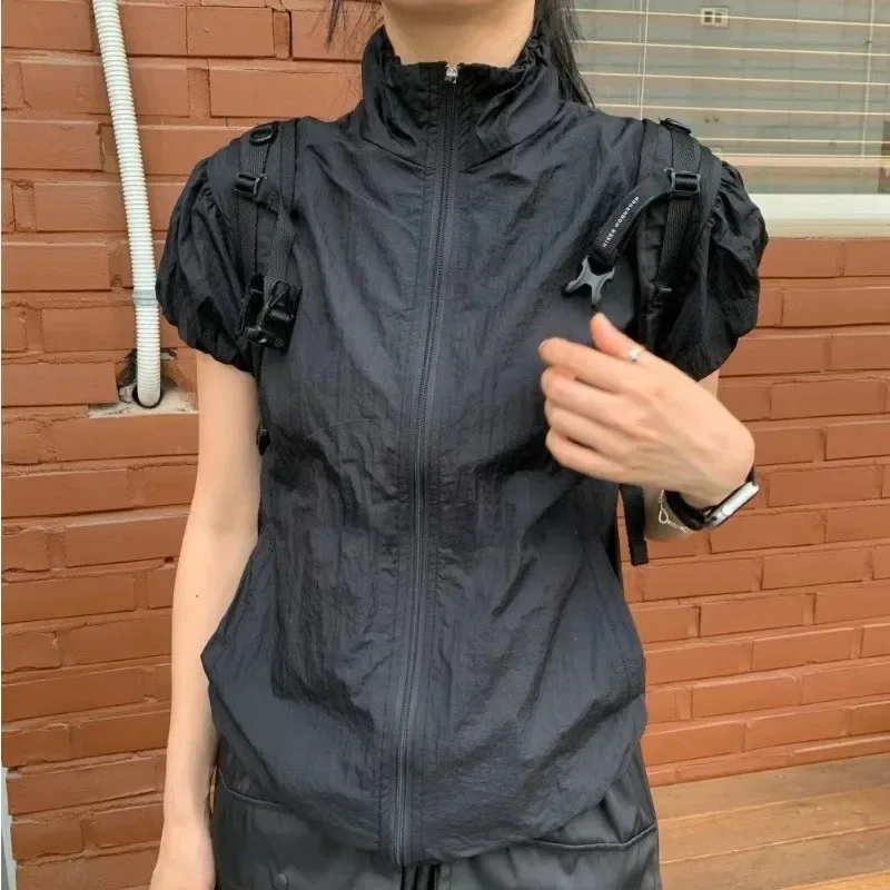 2024 New Vintage Outdoor Crop Jacket Women Japanese 2000s Style Y2k Spring Summer Short Sleeve Jackets Korean Fashion Aesthetic