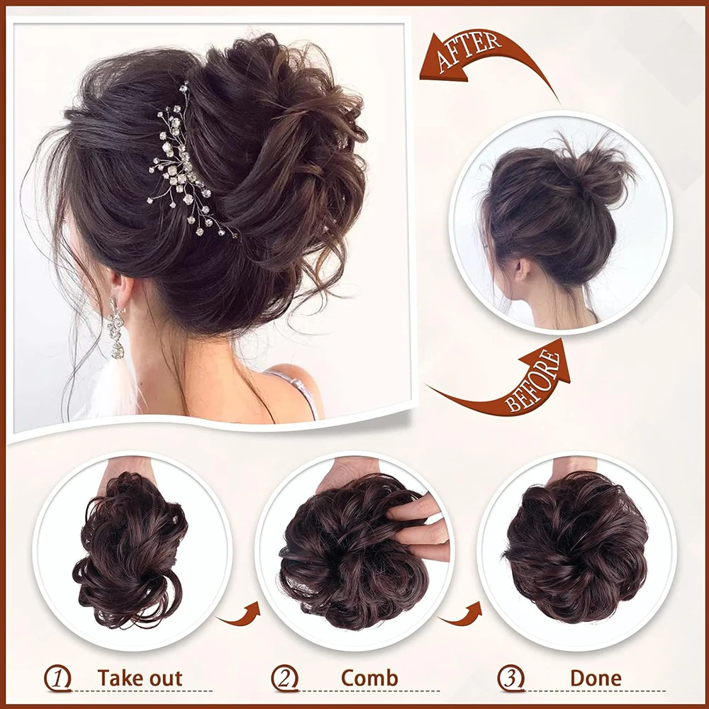 Bun sintético ondulado do cabelo para mulheres, Scrunchies desarrumado, grampo da garra na extensão do cabelo, updos hairpieces, preto, marrom,