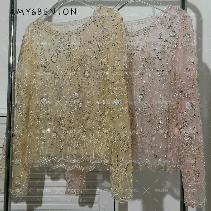 

Exquisite High End Romantic Lace Sequin Beaded Long Sleeves Top Shirt Female Slim Fit Floral Pearl Mesh Fashionable Chic Blouse