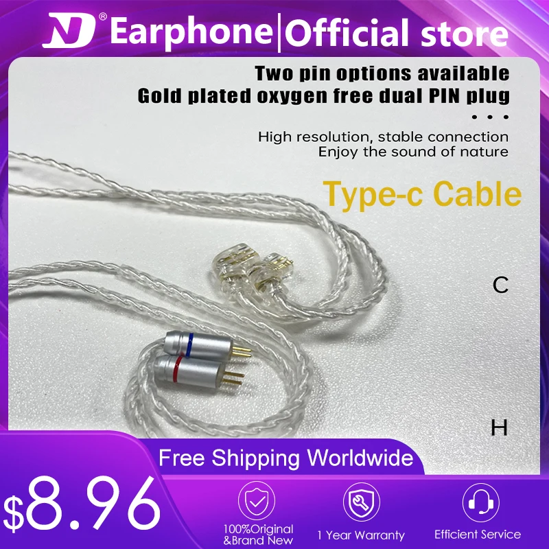 ND Earphone Upgrade Cable Silver Plated Type-C Plug 4Core Wire 2Pin Headphone Cable Support Call Control 47inch Cable