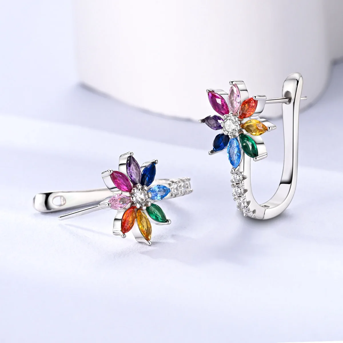 

925 Silver U Shape Earring For Woman Colorful Flower CZ Hoop Earring Fashion Jewelry Gift