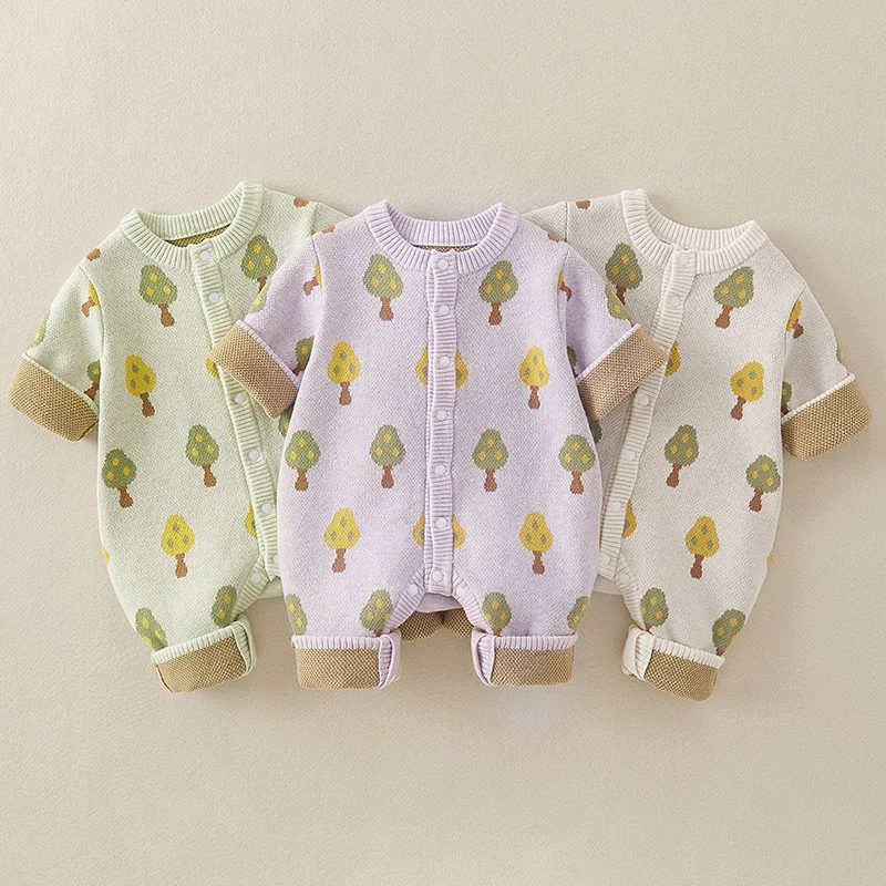 

Spring Autumn 0-1Y Baby Girls Rompers Tree Jacquard Knitted Toddler Girls Jumpsuits Overalls Round Neck Newborn Girls Bodysuits