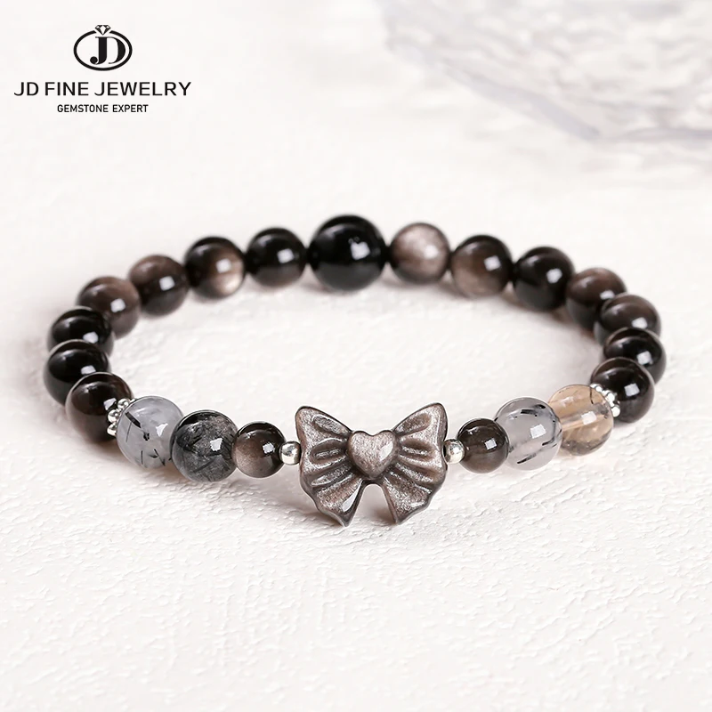 

JD Natural Stone Silver Color Shiny Obsidian Bow Strand Bracelet Women Fashion Luxury New Design Sweet Bangles Yoga Couple Gift