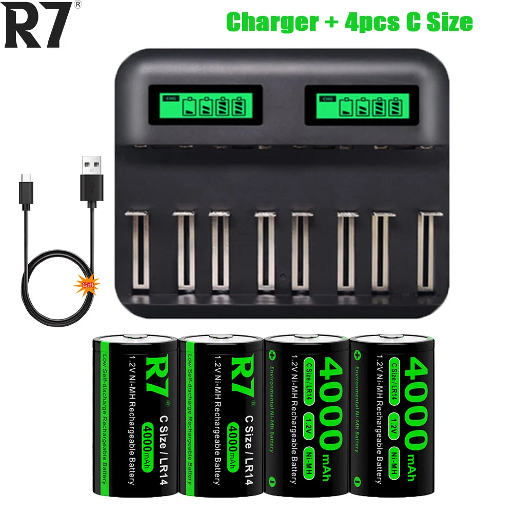 R7 C type Battery C size Rechargeable Battery 4000mAh 1.2V NIMH C Batteries LR14 for Flashlight Gas Cooker with Fast USB Charger