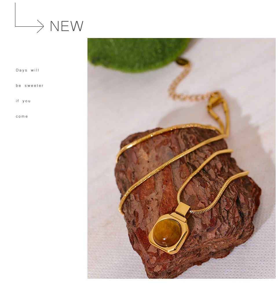 Yhpup High Quality Natural Tiger Stone Square Pendant Necklace Rust Proof Gold Color Fashion Collar Versatile Jewelry Gift