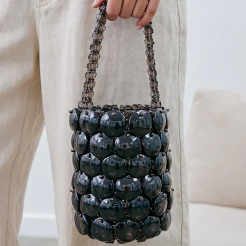 Grey-black Acrylic Bucket Bag Women Woven Party Clutch Wedding Evening Bag Cylindrical Handmade Fashion Hand-held Bead Bag