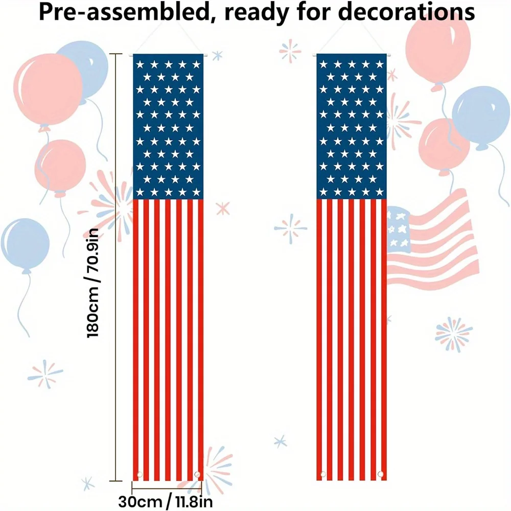 2pcs/pack 4th of July Patriotic Decorations Outdoor Hanging American Flag Banners Porch Sign for Veterans Memorial