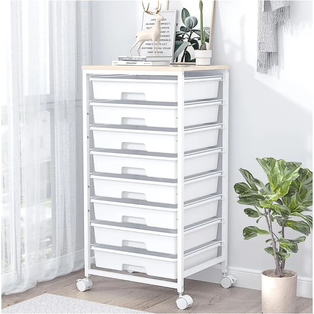 Rolling Storage Cart with 8 Drawers and Wooden Top for Various Rooms