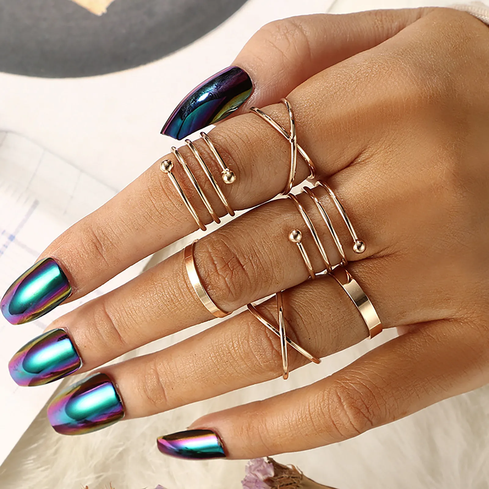 6pcs Golden Silver Color Cross Rings Set For Women Simple Wide Chain Finger Tail Rings Open Adjustable Joint Jewelry Gifts