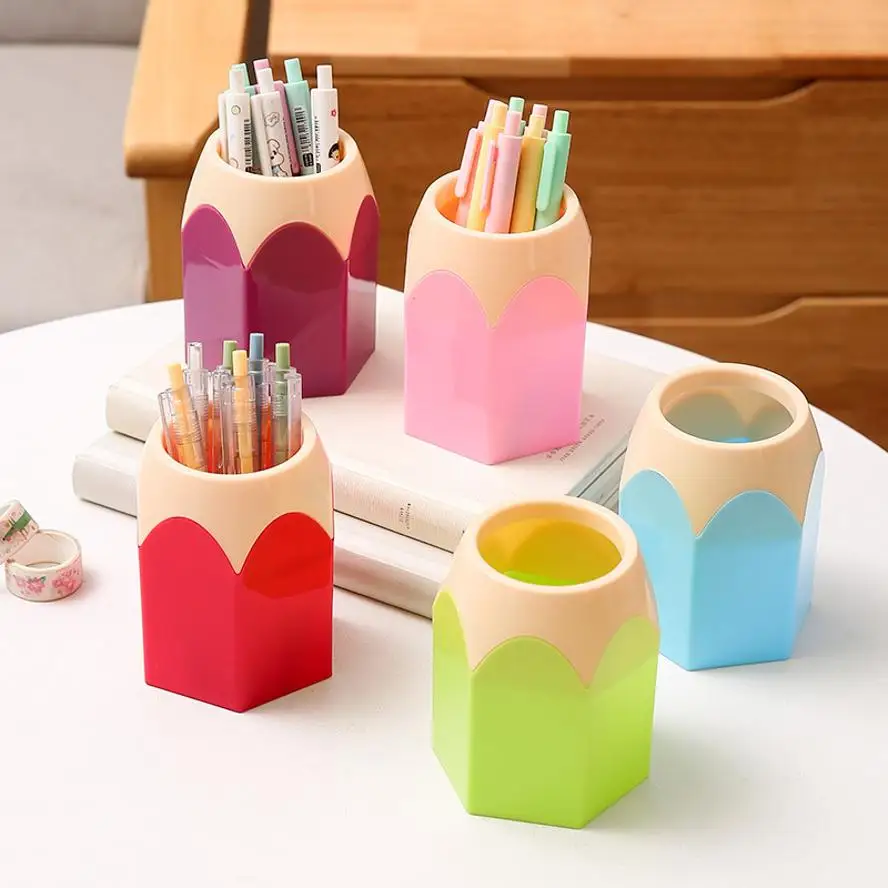 Cute Pencil Tip Contrasting Pen Holder Desktop Storage Bin For Office And Study Stationery Large Capacity Plastic Pen Holder
