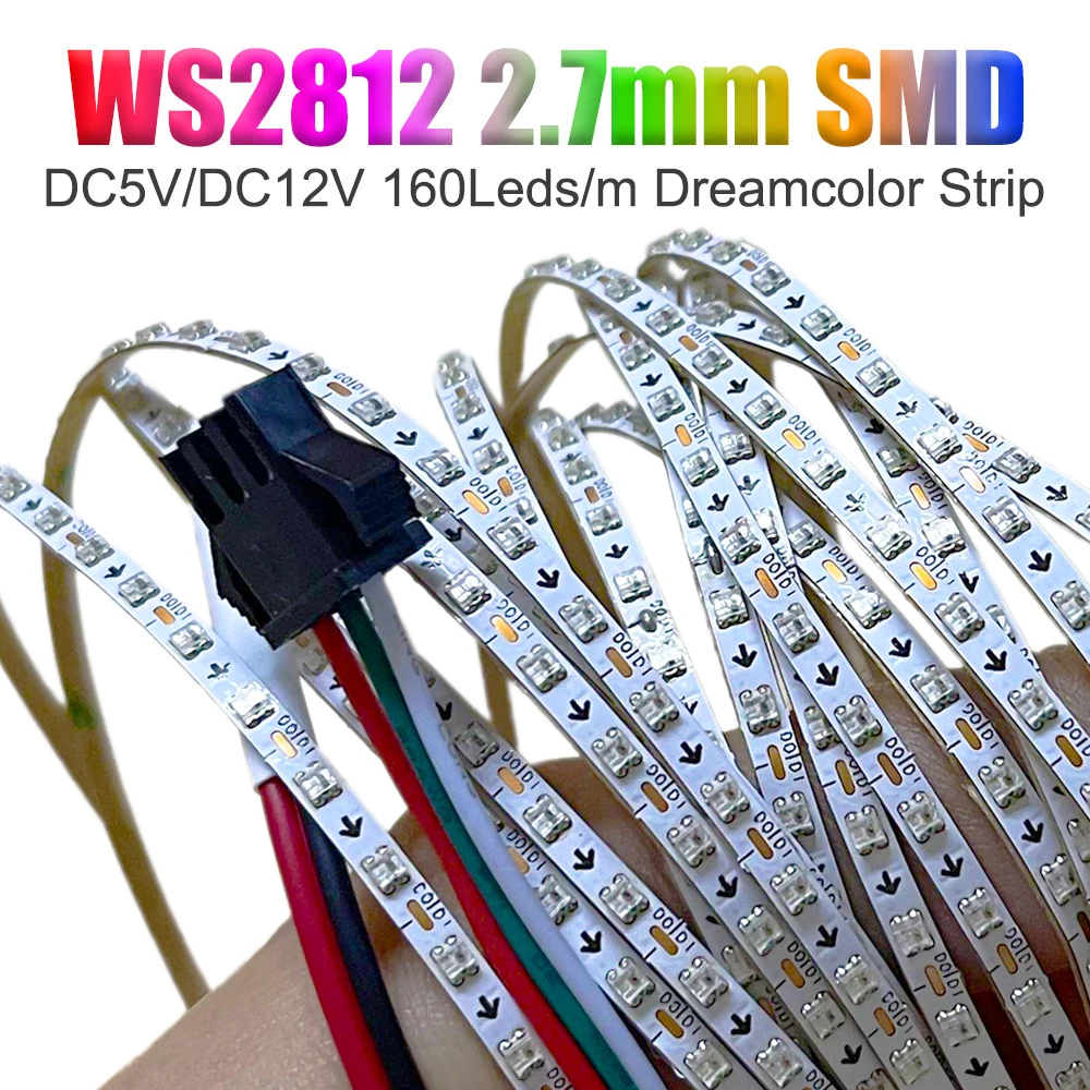 2.7mm Ultra Narrow WS2812B LED Strip 2020SMD 160Leds/m WS2812 Dream Color Individually Addressable Smart Pixel Light DC5V DV12V