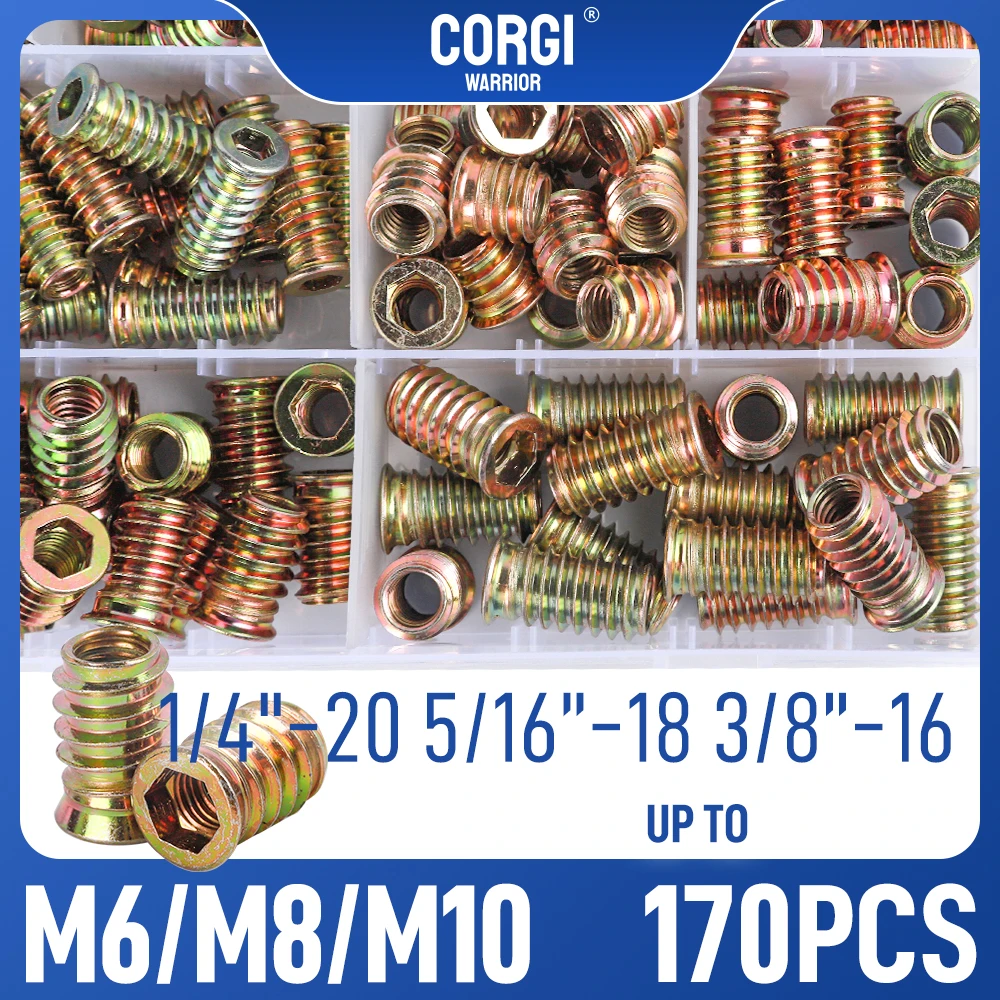 Threaded Inserts 40-170 1/4-20 5/16-18 3/8-16 M6 M8 M10 Pieces Wood Insert Nut Steel Assortment Kit for Woodwork Furniture Screw