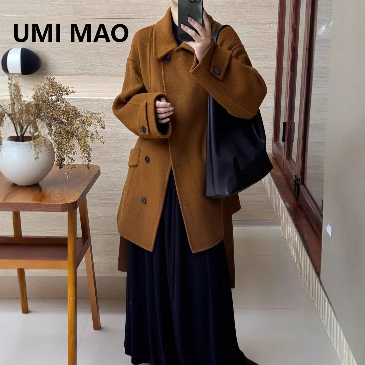 

UMI MAO двустороннее шерстяное пальто женское осенне-зимнее новое кукольное воротник для средней длины с галстуком стиль миниатюрная элегантная утягивающая куртка