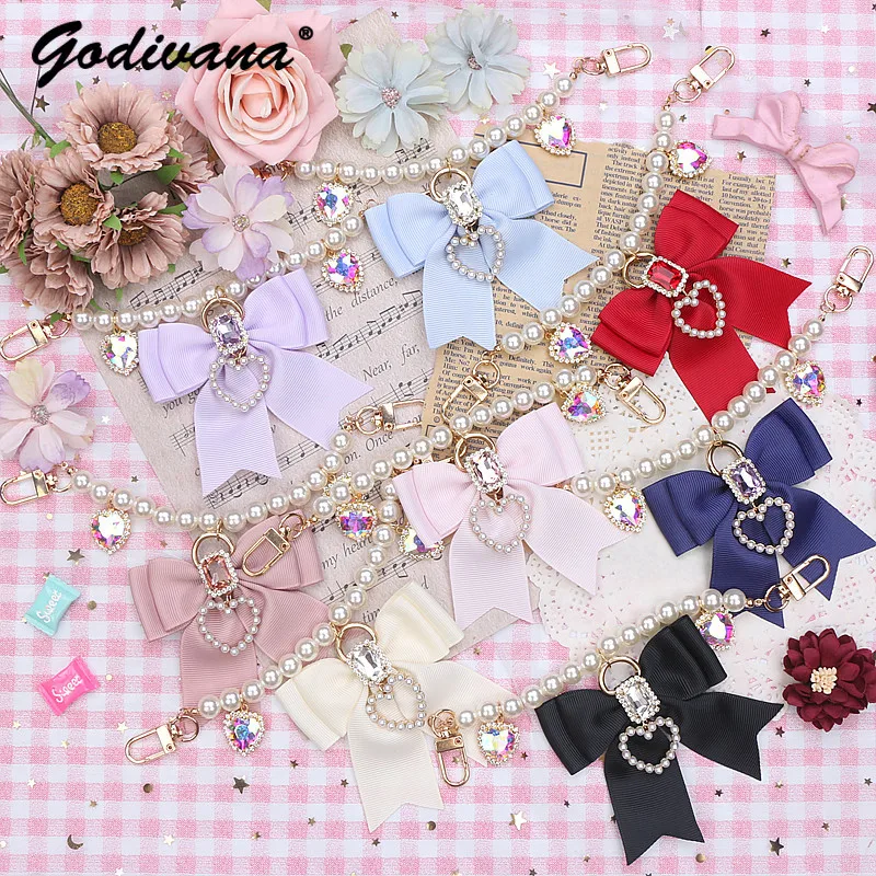 

Handmade Japanese Style Student Girls Sweet Cute Bow Rhinestone Stringed Pearls Handbag Pendant Female Bag Charms