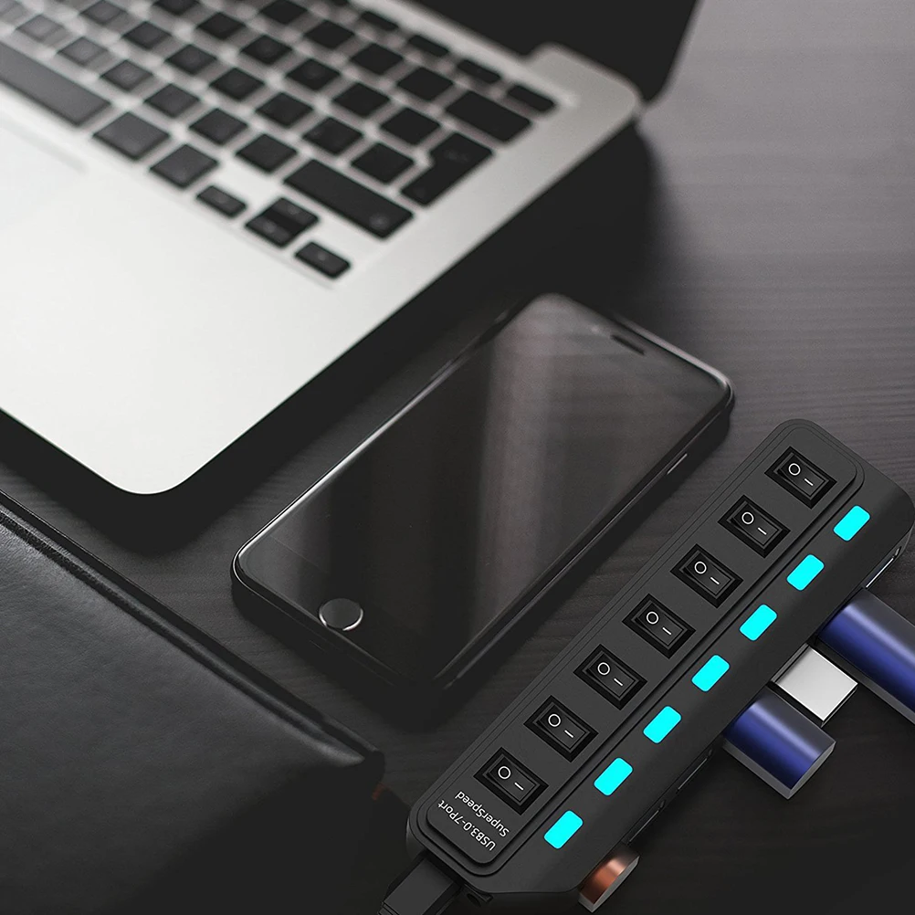 

7 Ports Usb3.0 Hub Converter 5Gbps High Speed Extension Adapter Plug Play Multi Protection For Keyboard Mouse Hard Drive Black