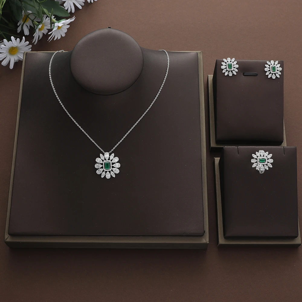 

New Designer Luxury Flower Square Cubic Zircon Engagement Dubai Naija Bridal Finger Rings Necklace Earring Jewelry Set S456