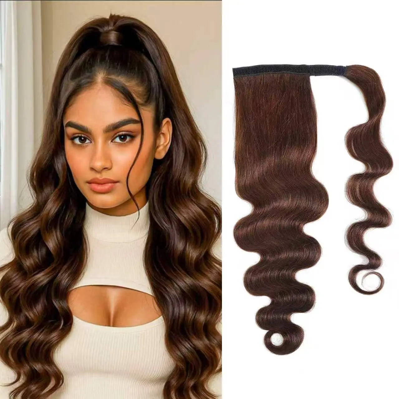 女性用ボディウェーブポニーテール人毛100-ブラジル産バージンヘアポニーテール、マジックテープ付き巻き付けタイプ、ミディアムブラウン