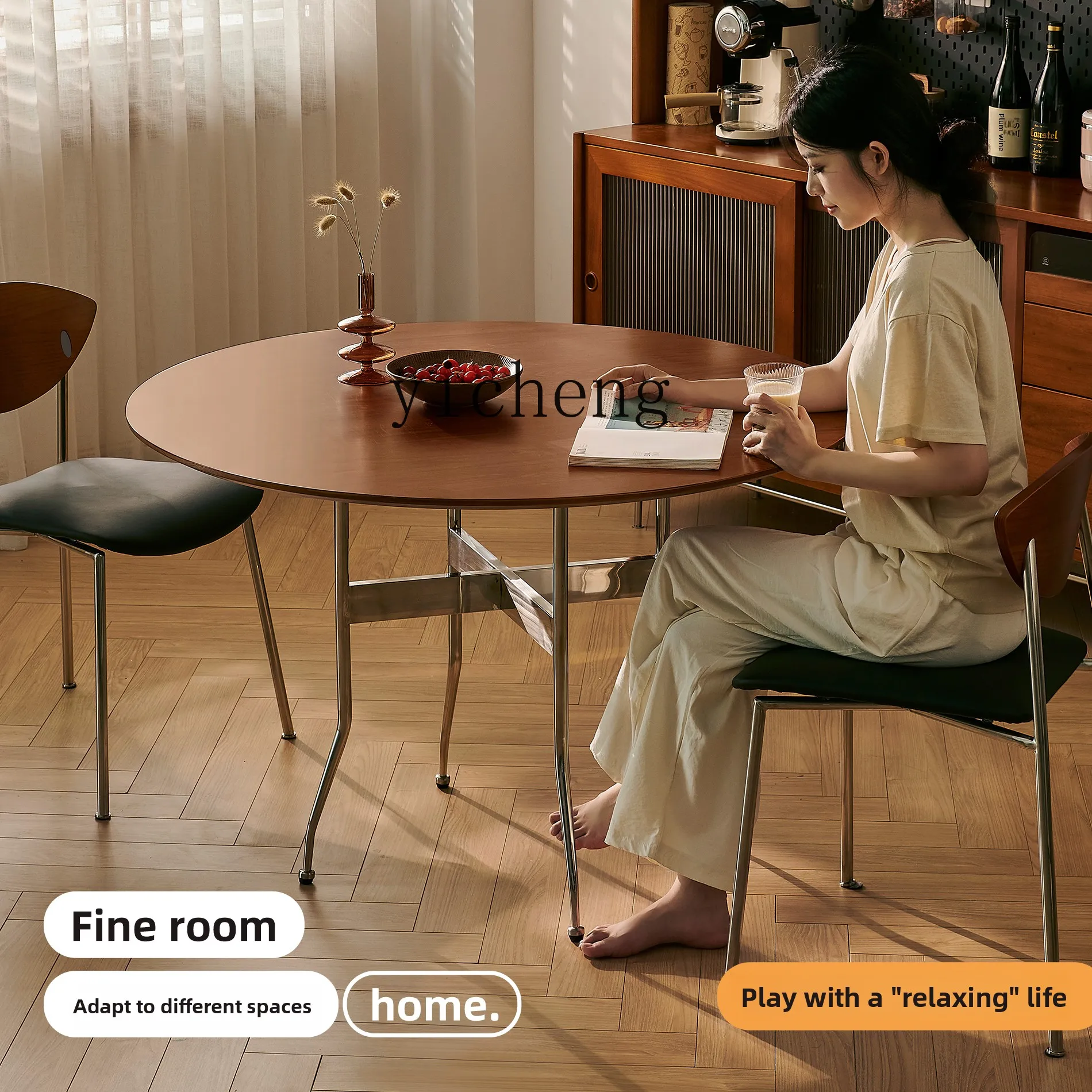 

LX solid wood round dining table small apartment household retro dining table and chair combination medieval cherry wood