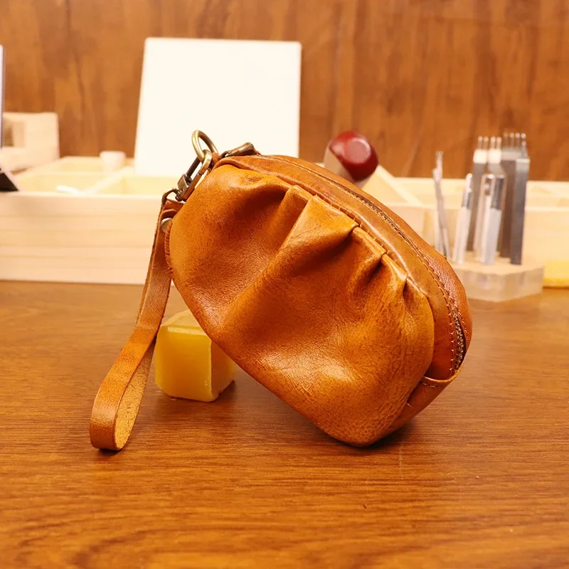 Cow Leather Mini Vintage Coin Purse Card Bag Key Bag Zipper Change Purse Wrinkled Coin Purse for Men and Women